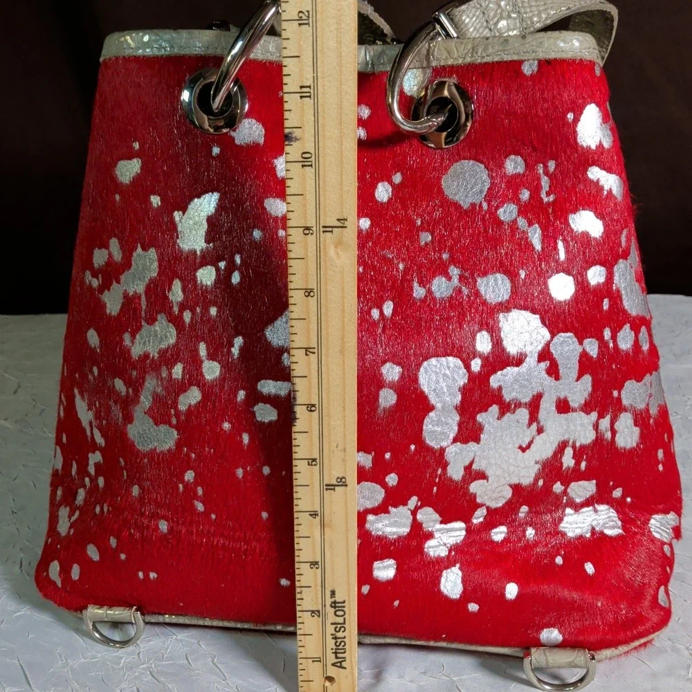 BSwanky B Swanky Handbag Backpack Red Silver Calf Hair Leather Cowhide Bohemian